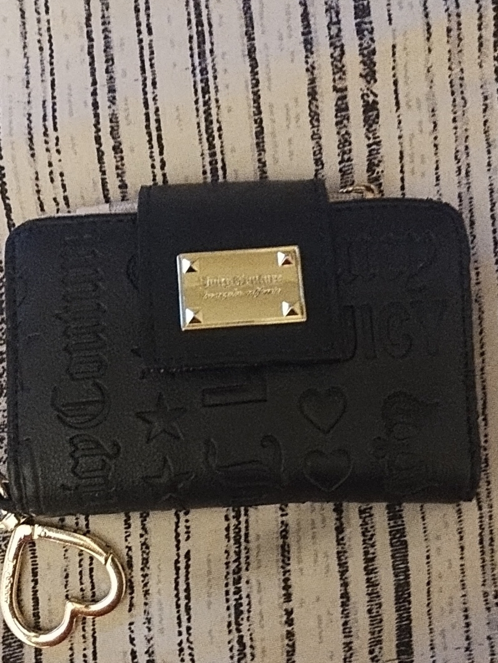 Juicy Couture Black Embossed Wallet with Gold Plaque and Heart Charm